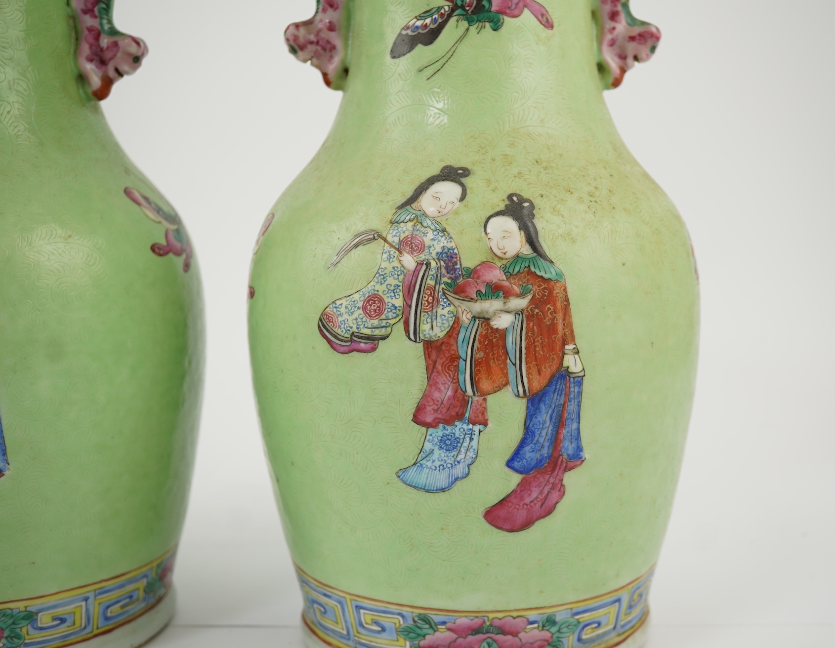 A pair of Chinese lime-green sgraffito ground vases, late 19th century